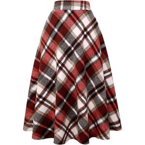 Womens Long Wine Elastic Waist A-Line Pleated Tartan Long Plaid Wool Skirt